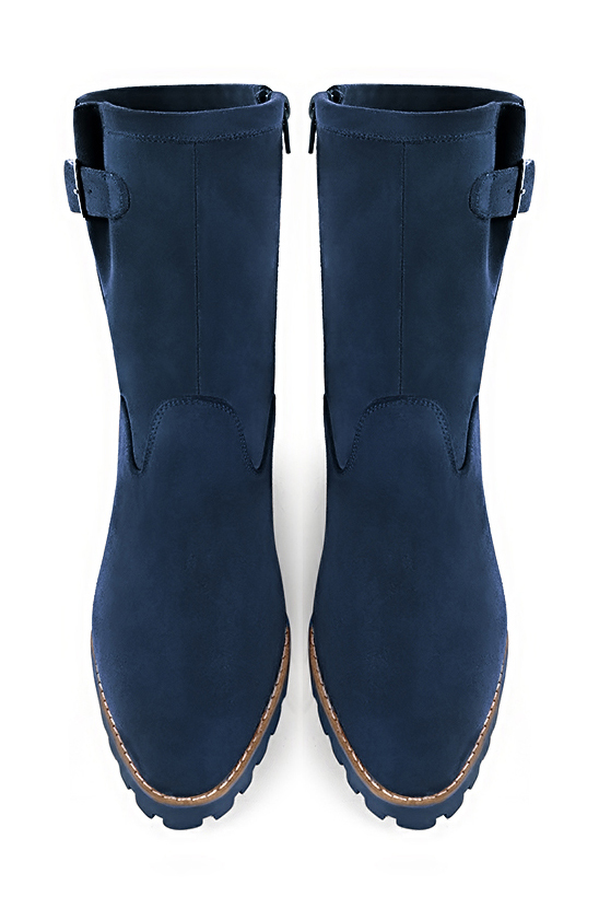 Navy blue women's ankle boots with buckles on the sides. Round toe. Low rubber soles. Top view - Florence KOOIJMAN